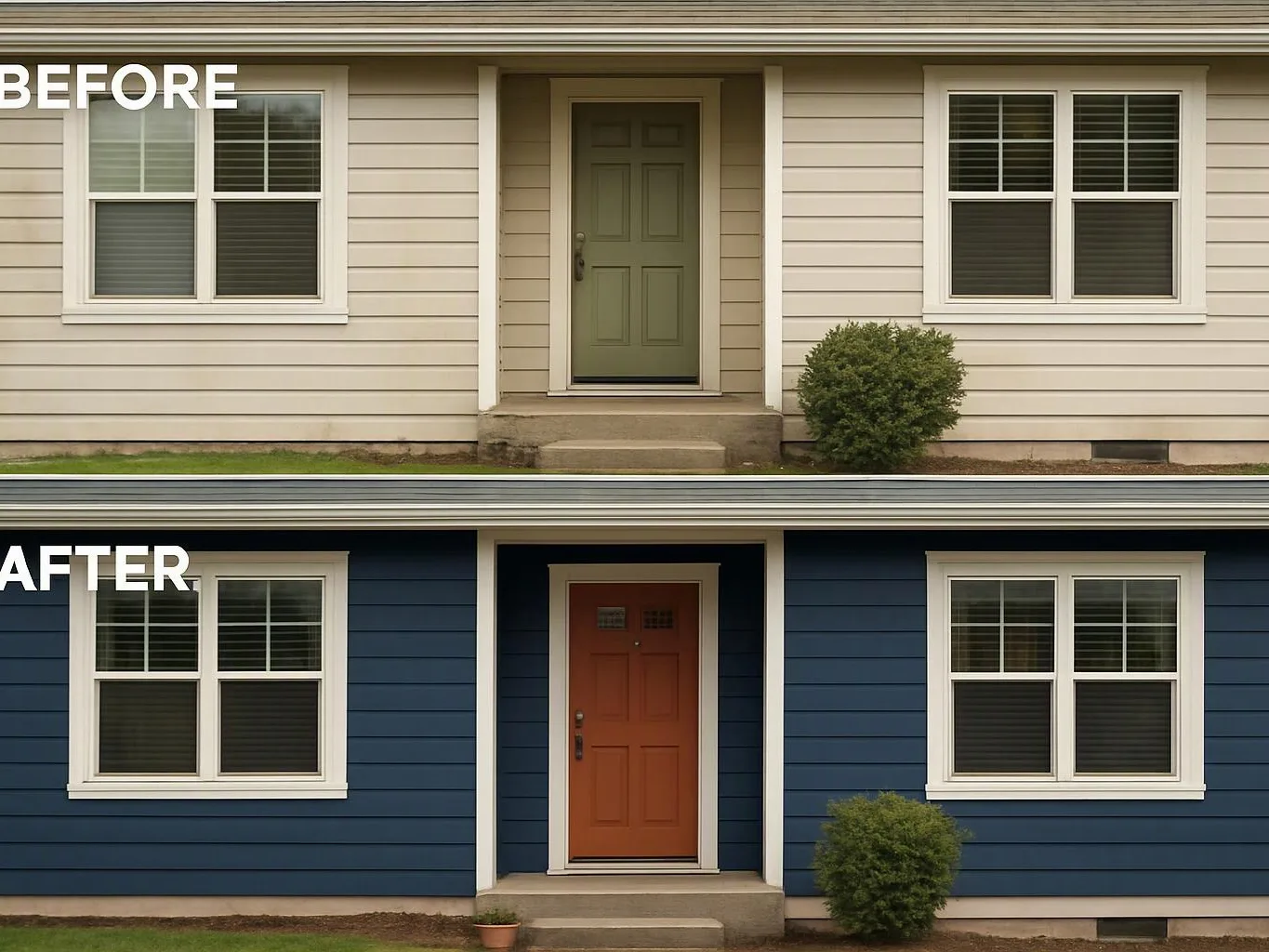 Split view of a house exterior before and after, with beige siding changed to blue and the front door repainted orange