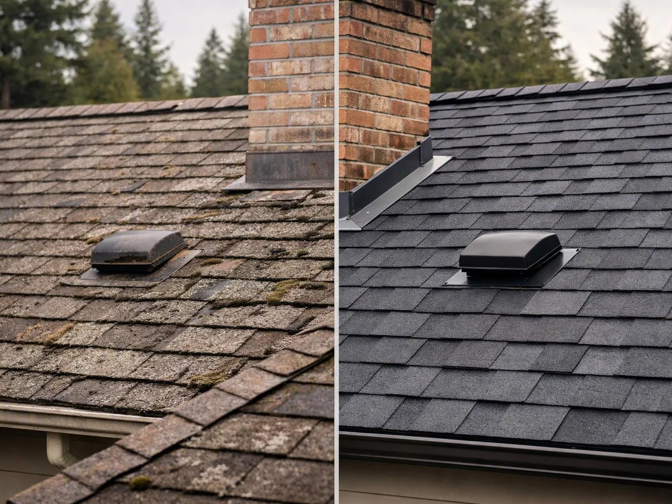 Split view of a roof before and after repair, with a brick chimney, vent cap, and shingle replacement