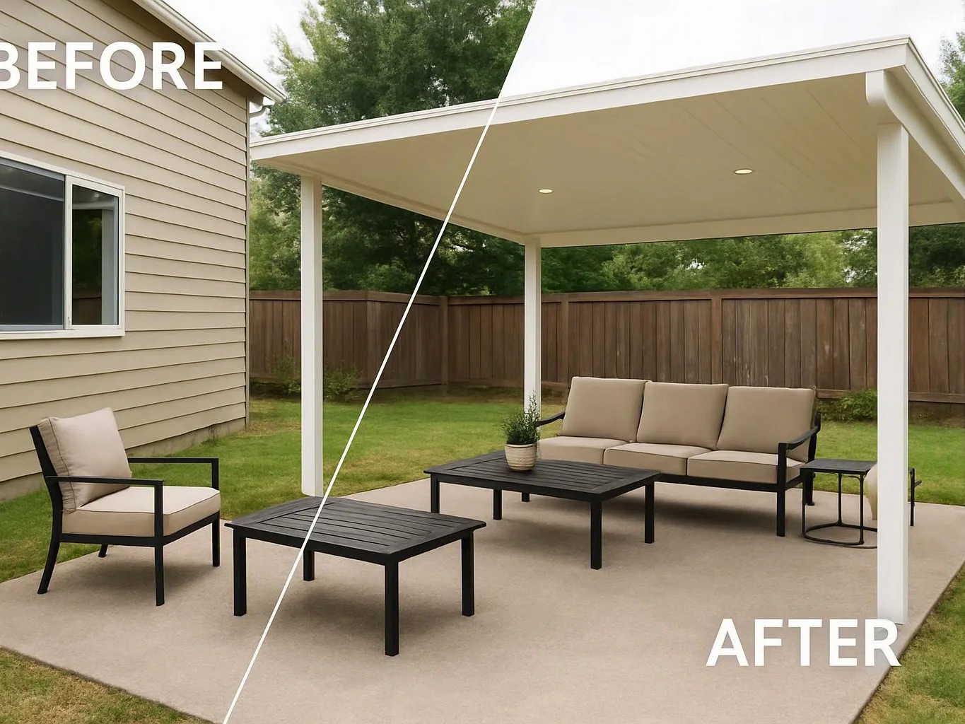 Split view shows a backyard patio before and after with new white roof, furniture, and seating area