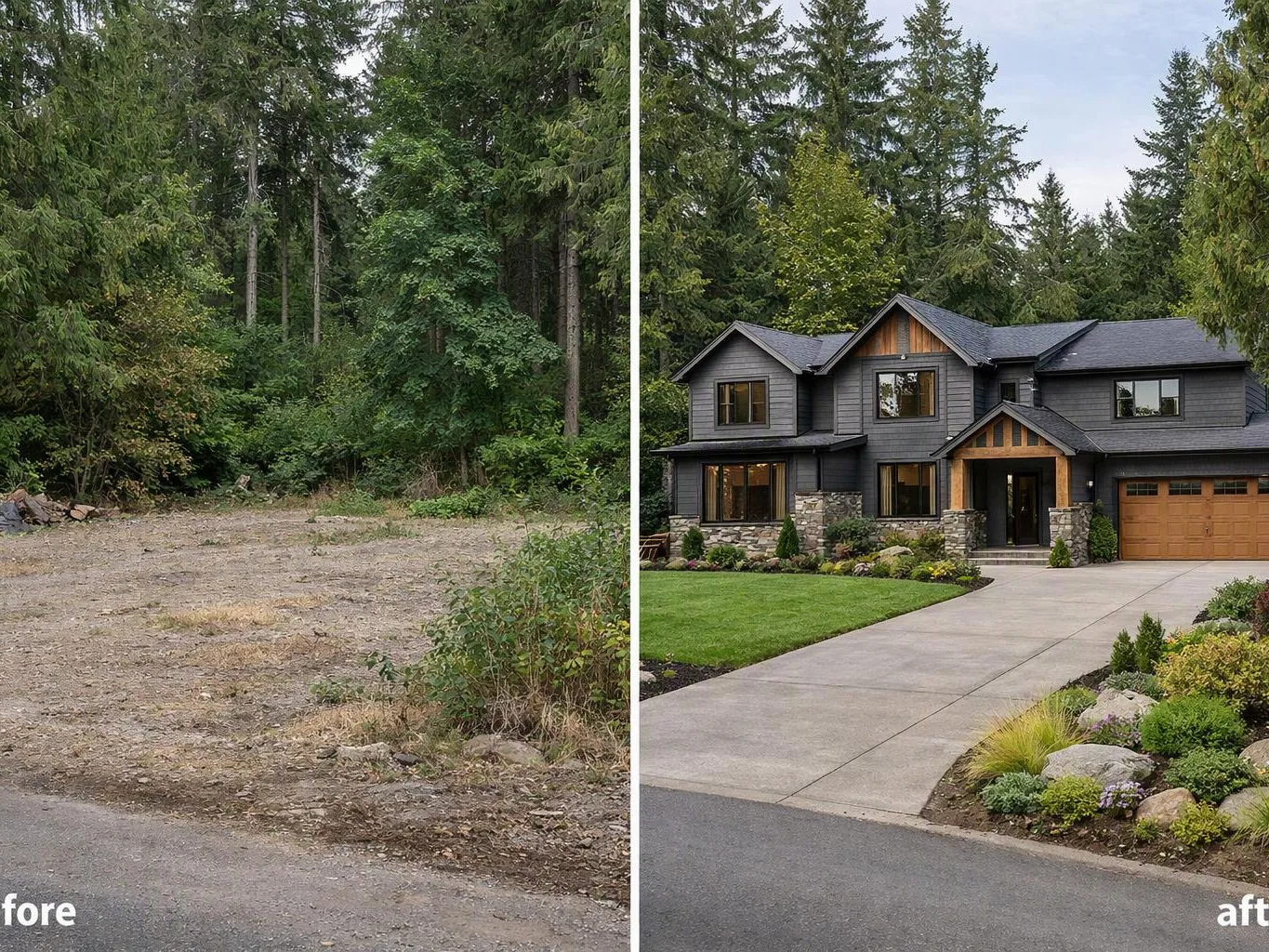 Split view shows a bare wooded lot on the left and a finished house with driveway on the right