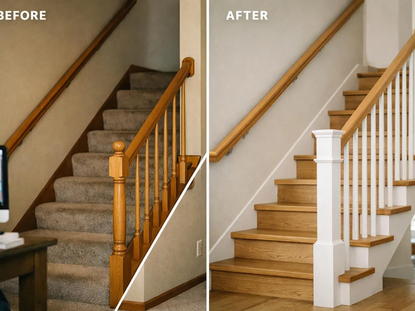 Split view shows a carpeted staircase before and a refinished wood staircase with white balusters after