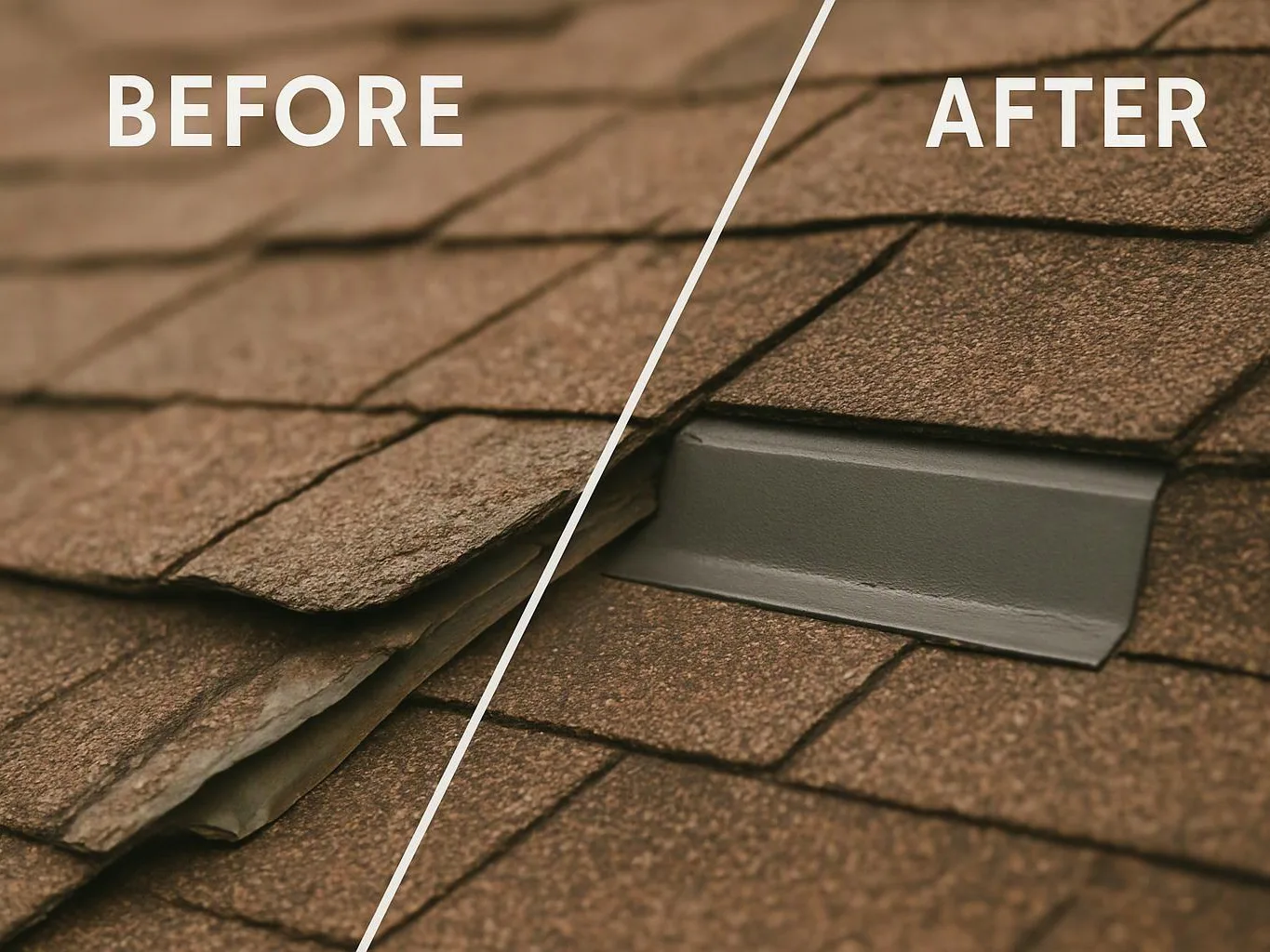 A split view shows damaged roof shingles on the left and a repaired vent flashing on the right