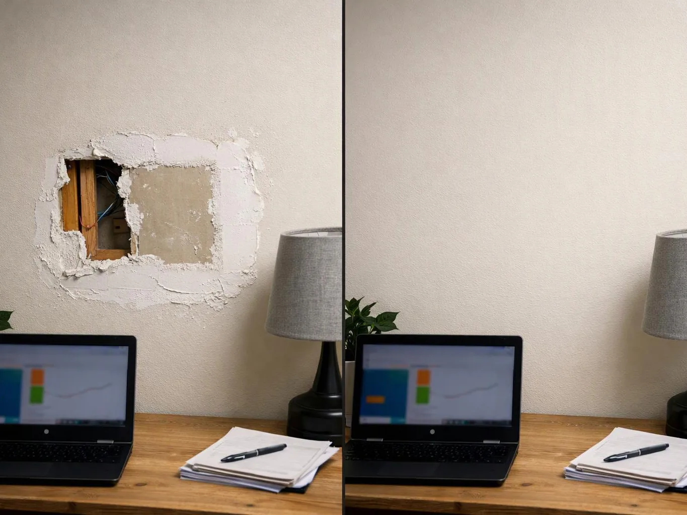 A split view shows a damaged wall patch on the left and a repaired wall above a desk on the right