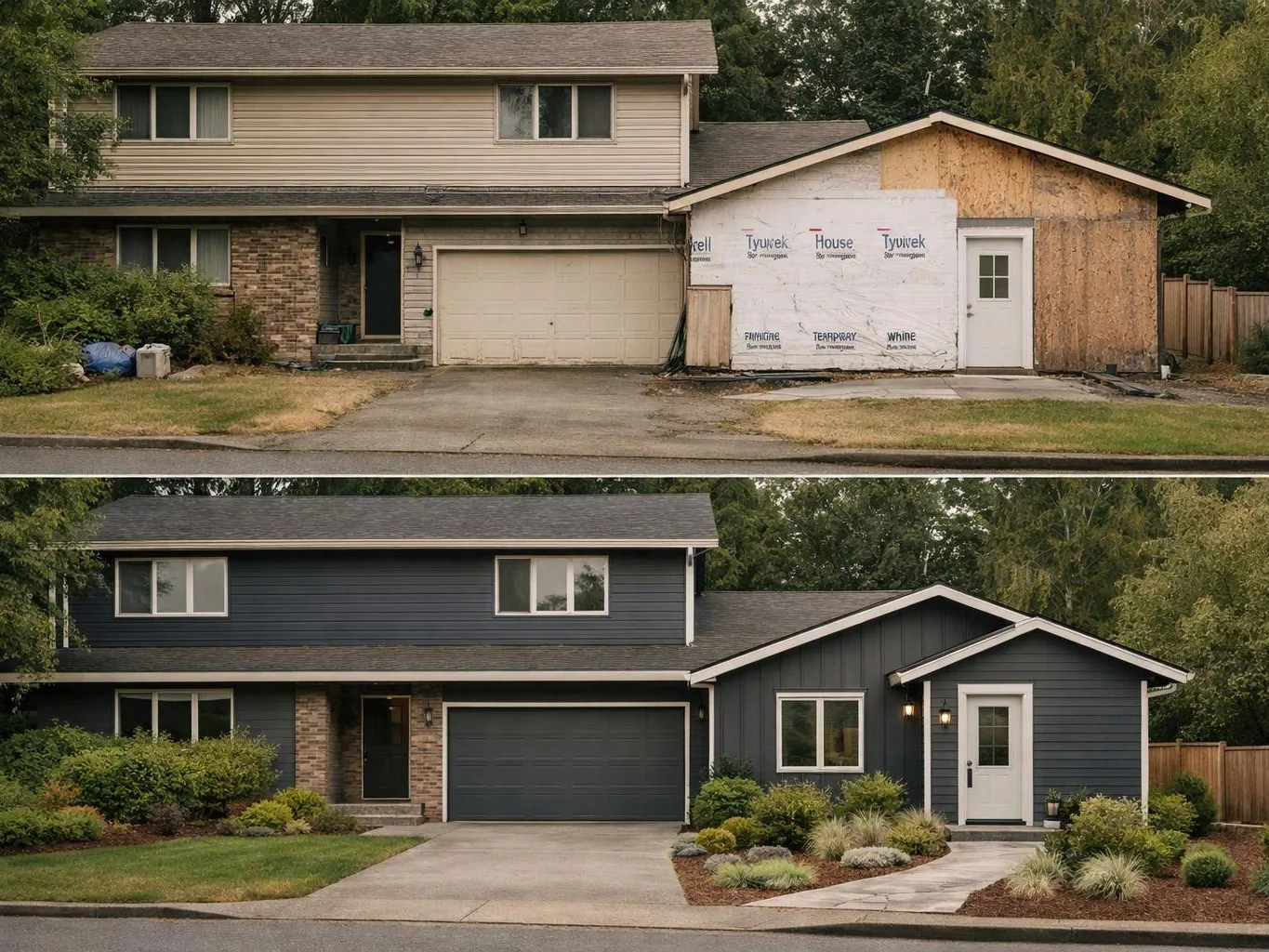 A split view shows a house before and after exterior renovation with new siding, windows, landscaping, and a front door