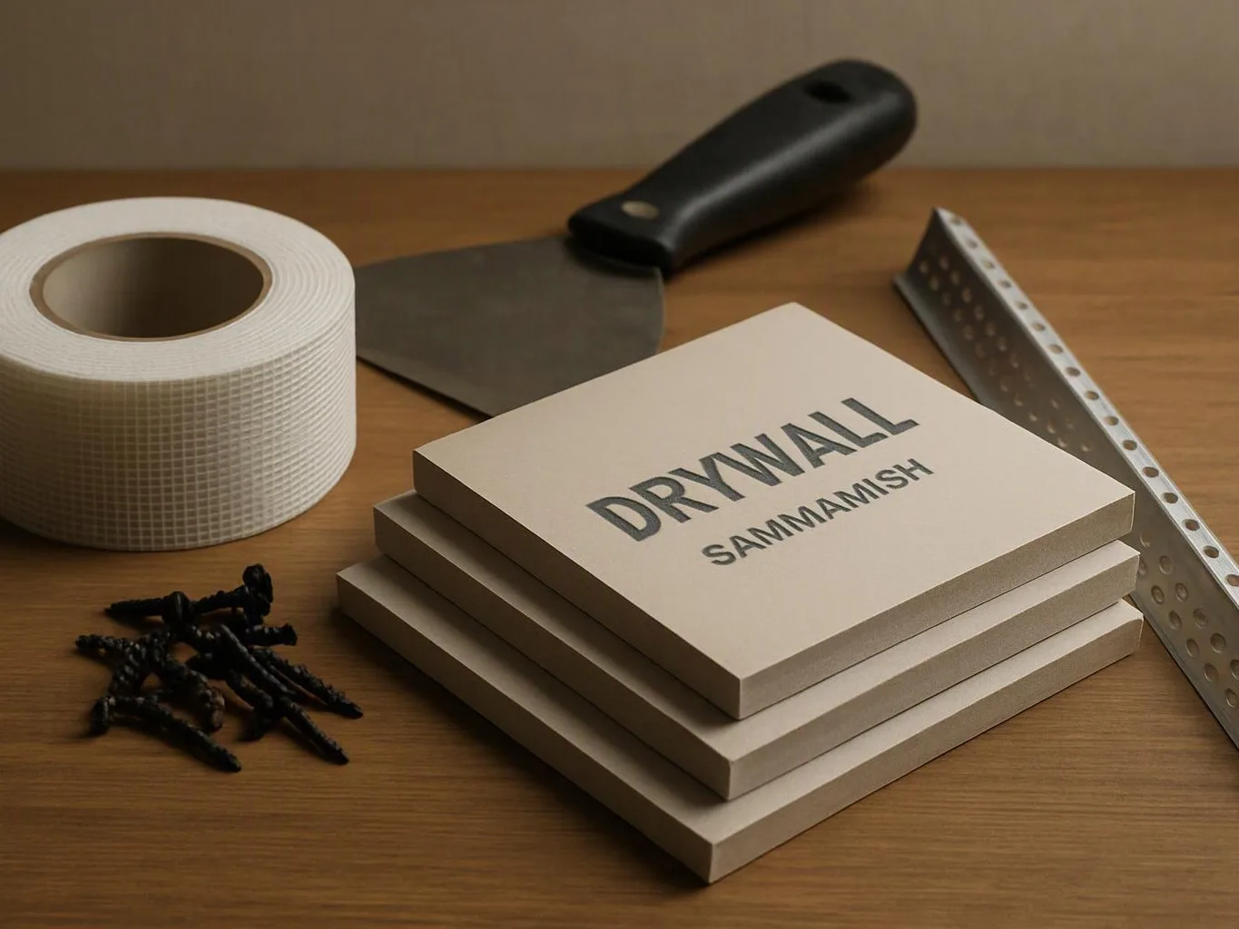 A stack of drywall boards sits on a wooden table beside a roll of mesh tape, screws, and a putty knife