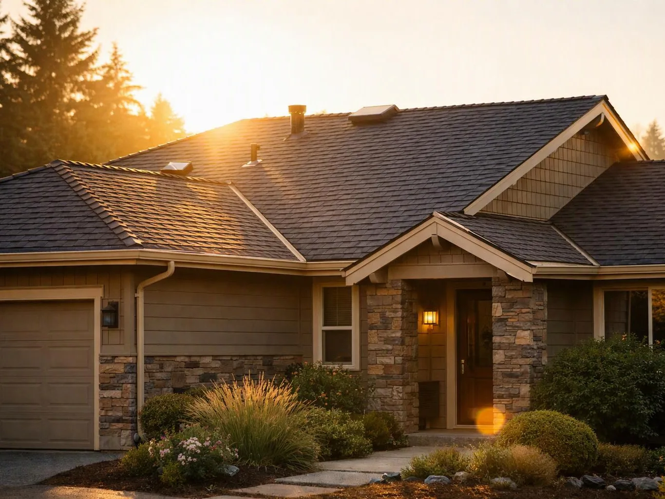 A suburban house with stone pillars, a lit front porch, and a garage sits in warm sunset light