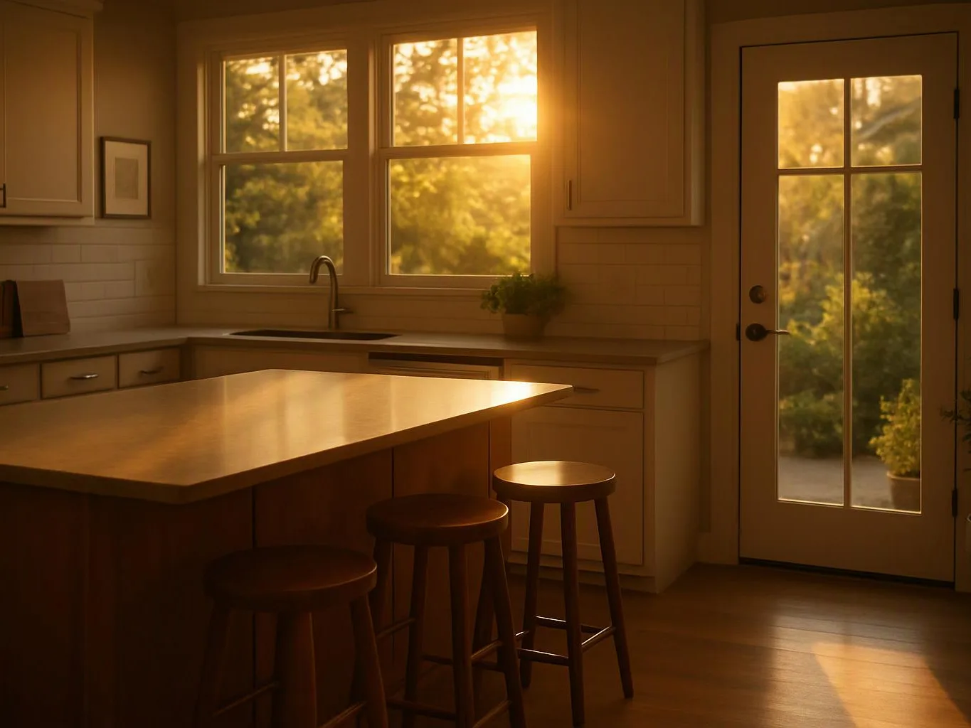 Sunlight fills a quiet kitchen with an island, three stools, a sink under windows, and a glass door