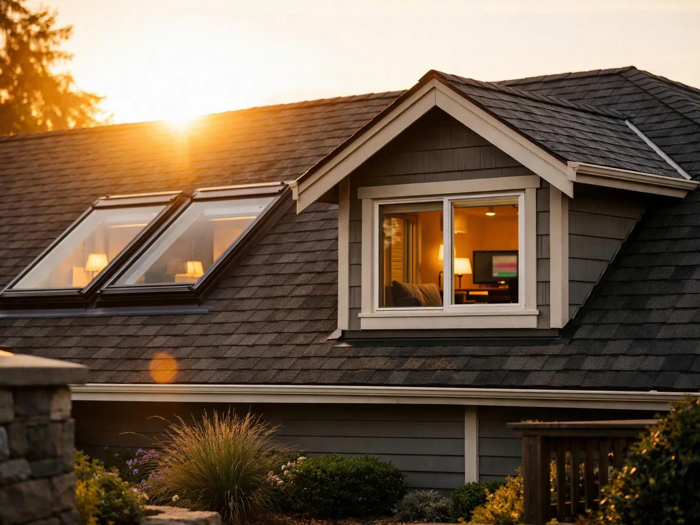 Sunlight hits a gray shingled house with lit windows, skylights, and a small landscaped yard