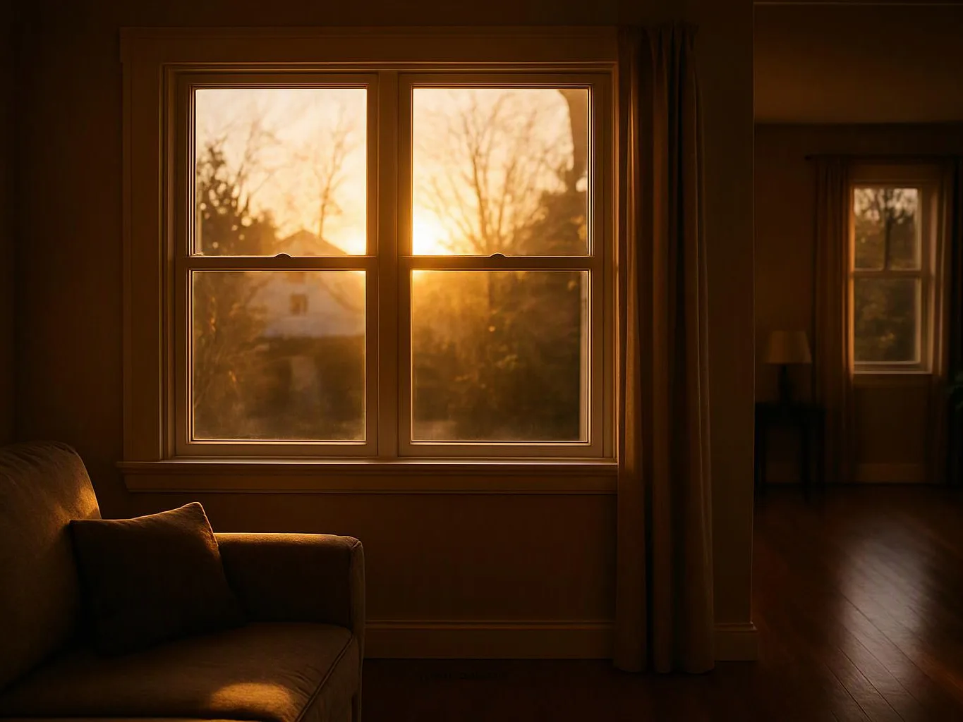 Sunlight pours through a large window into a dim living room with a sofa, curtains, and wooden floor