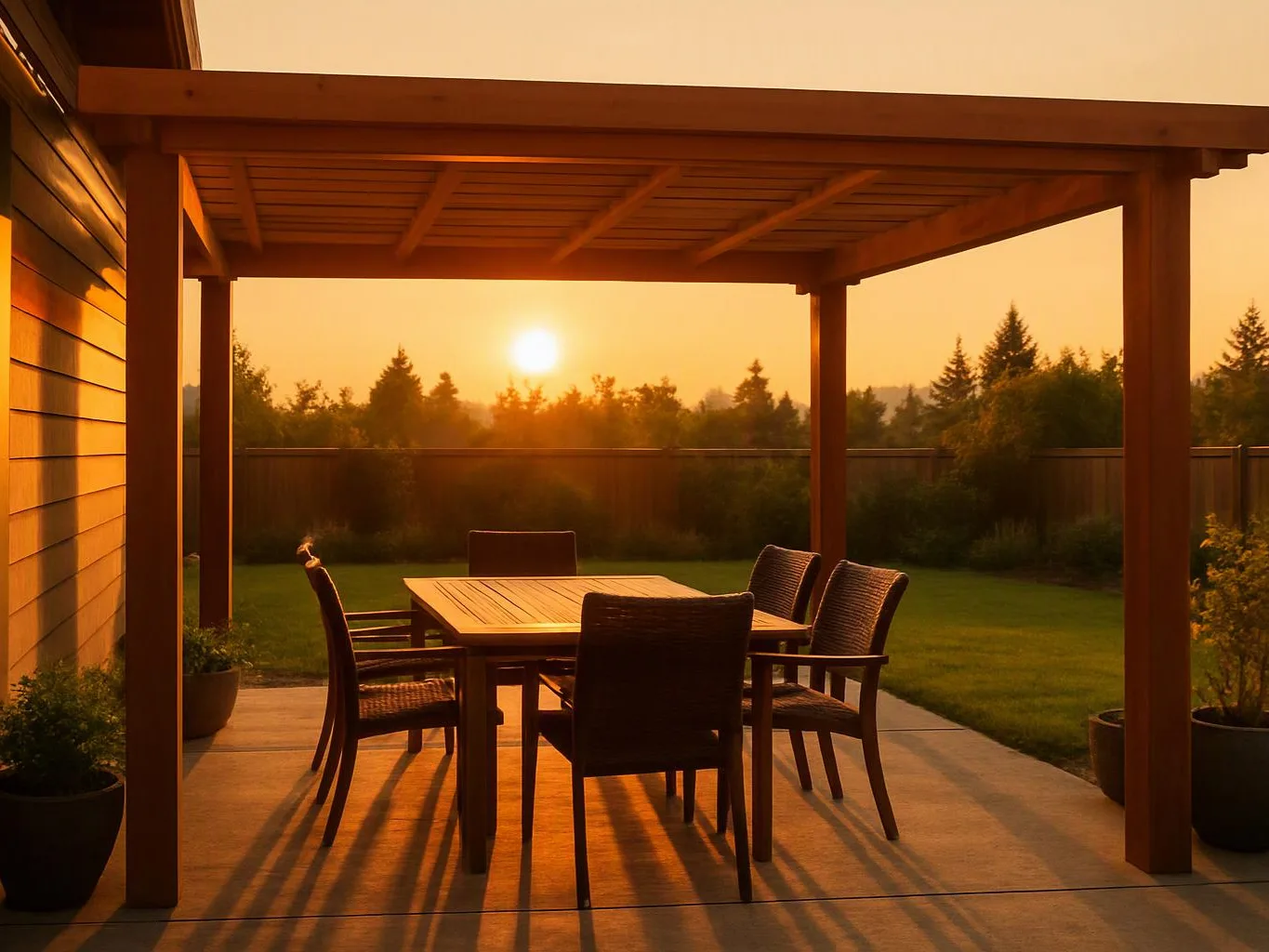 A sunlit backyard patio shows a wooden table, four chairs, and potted plants under a pergola at sunset