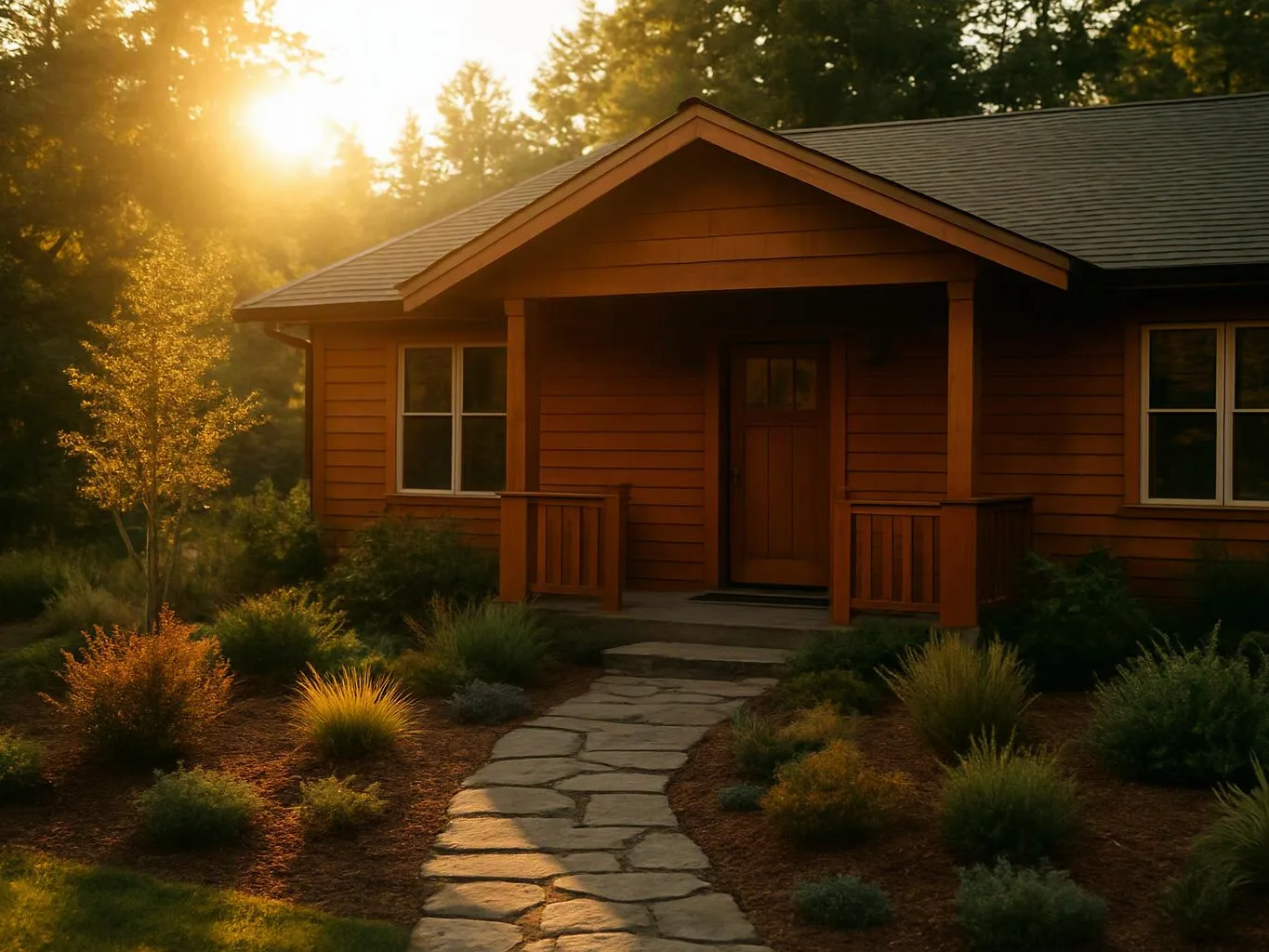 A sunlit wooden cabin sits among trees, with a stone path leading to the front porch