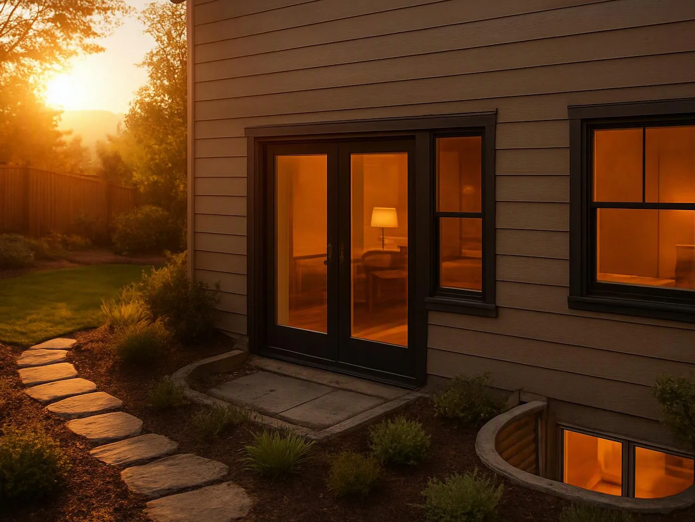 Sunset light glows through a house window and glass door beside a stone path and garden in the yard