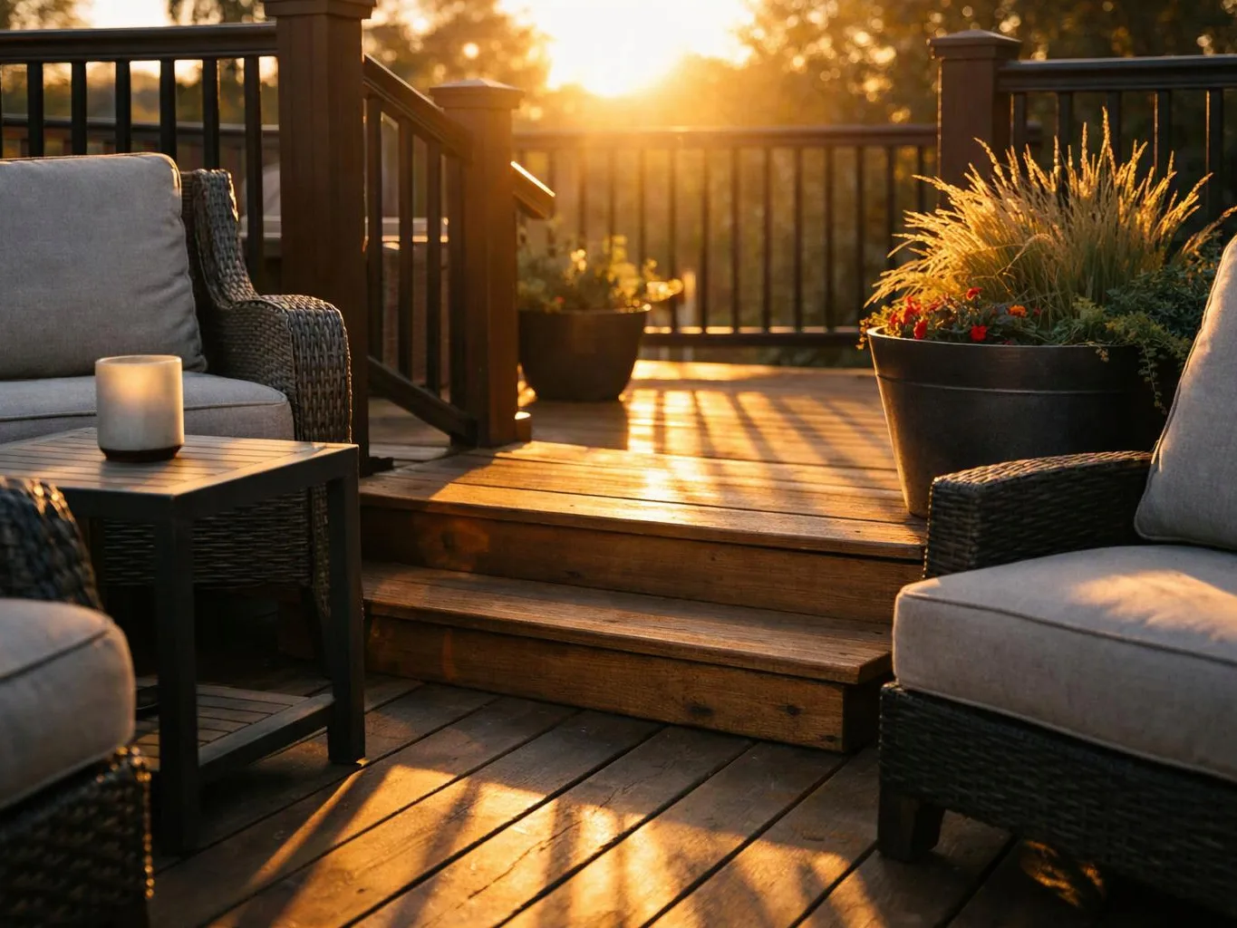 Sunset light warms a wooden deck with wicker chairs, a small table, and potted plants