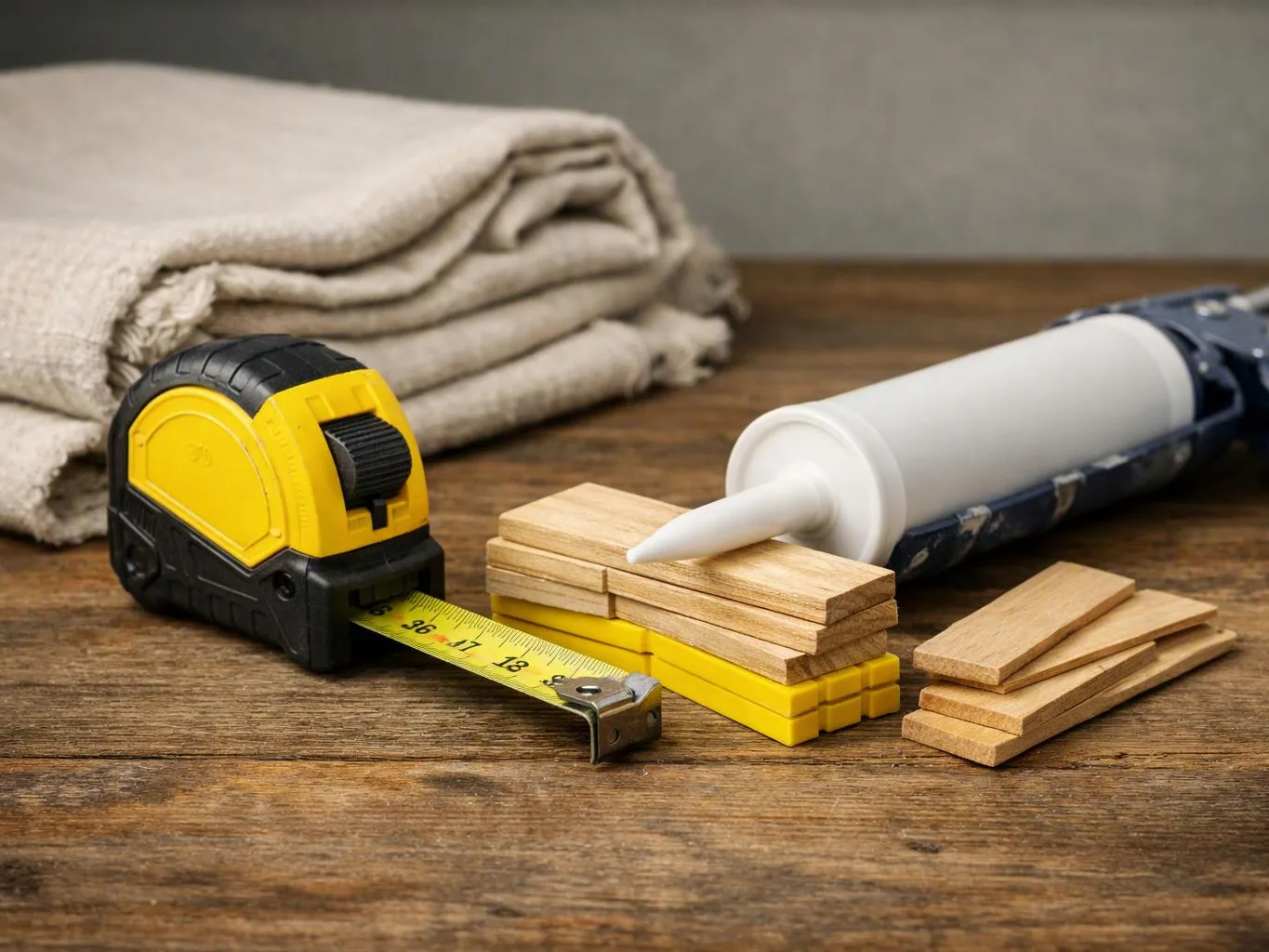 Tape measure, folded cloth, wooden strips, and a caulking tube rest on a wooden workbench
