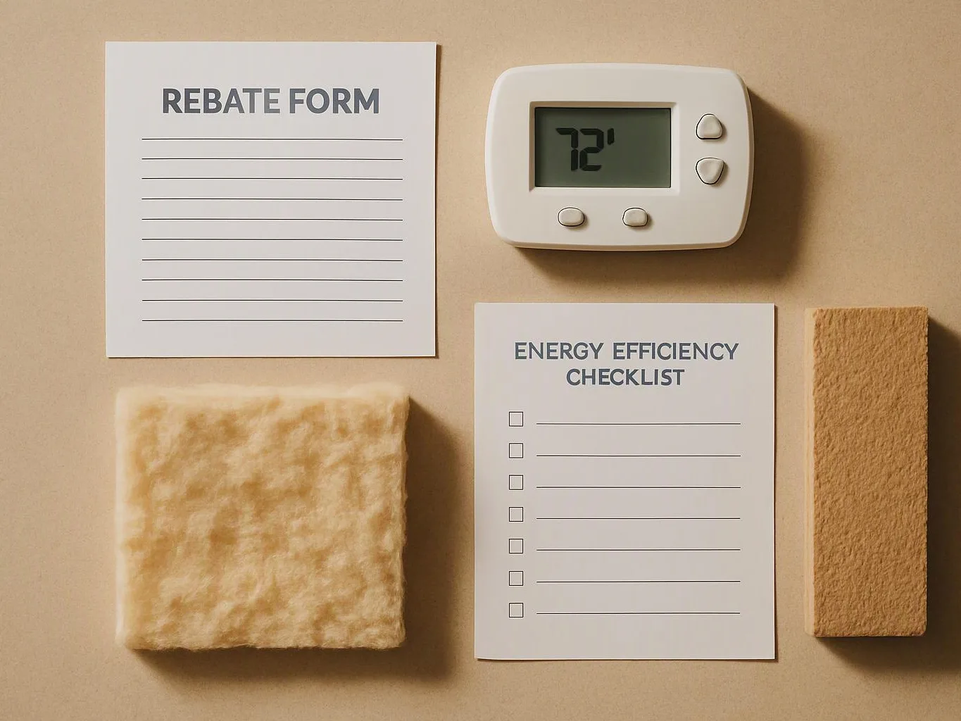 A thermostat, rebate form, energy efficiency checklist, and insulation samples are arranged on a beige background