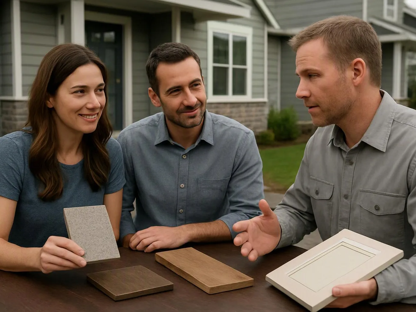 Three adults compare cabinet samples at a table outside a gray house