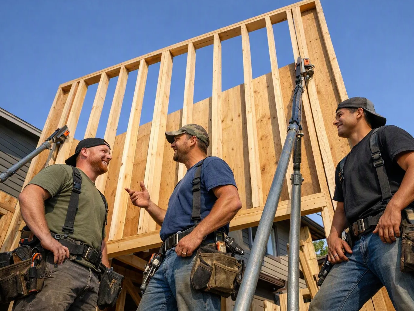 Three construction workers stand talking in front of a tall wooden wall frame under a clear blue sky