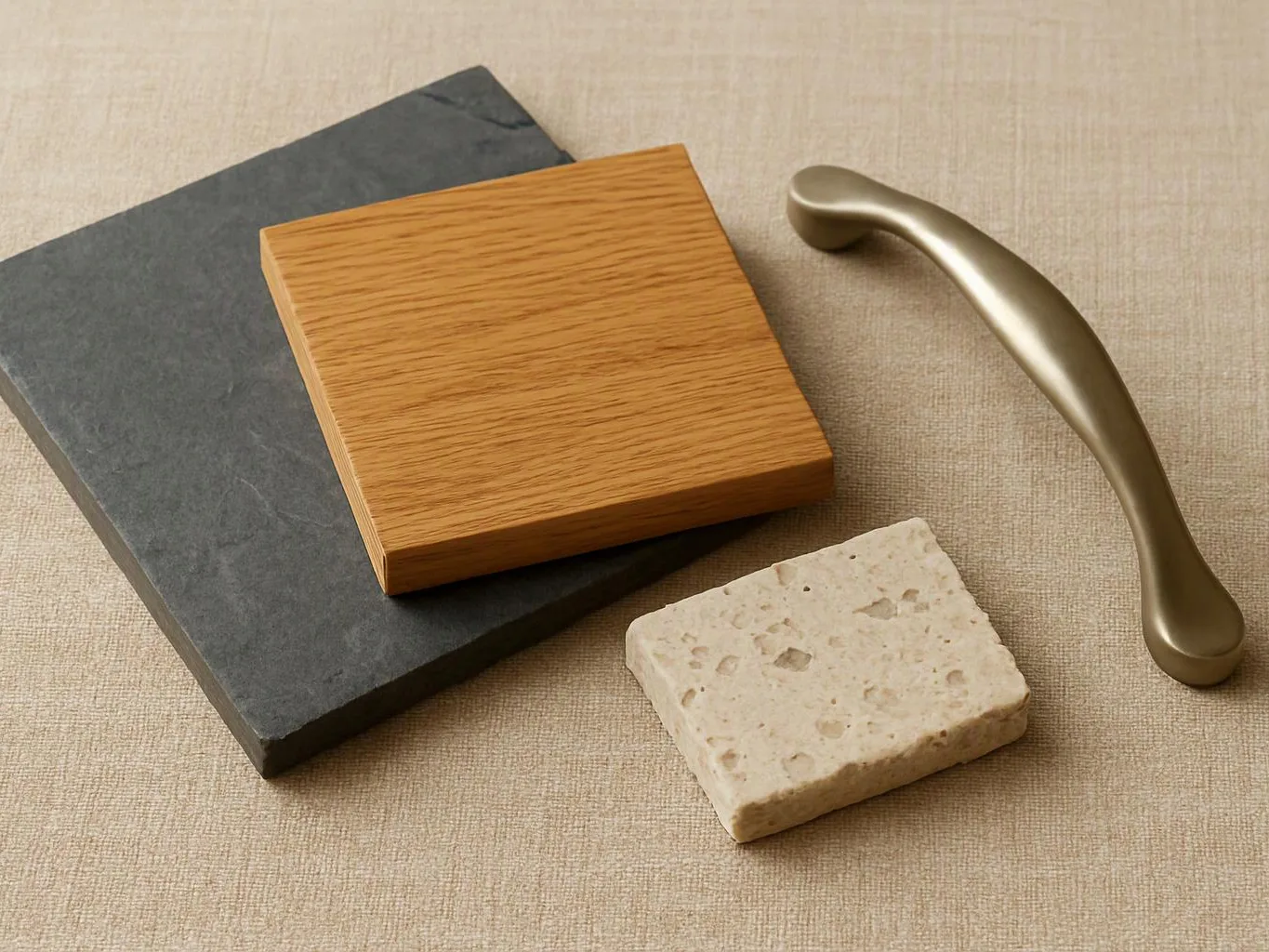 Three countertop samples and a curved metal handle rest on a beige fabric surface