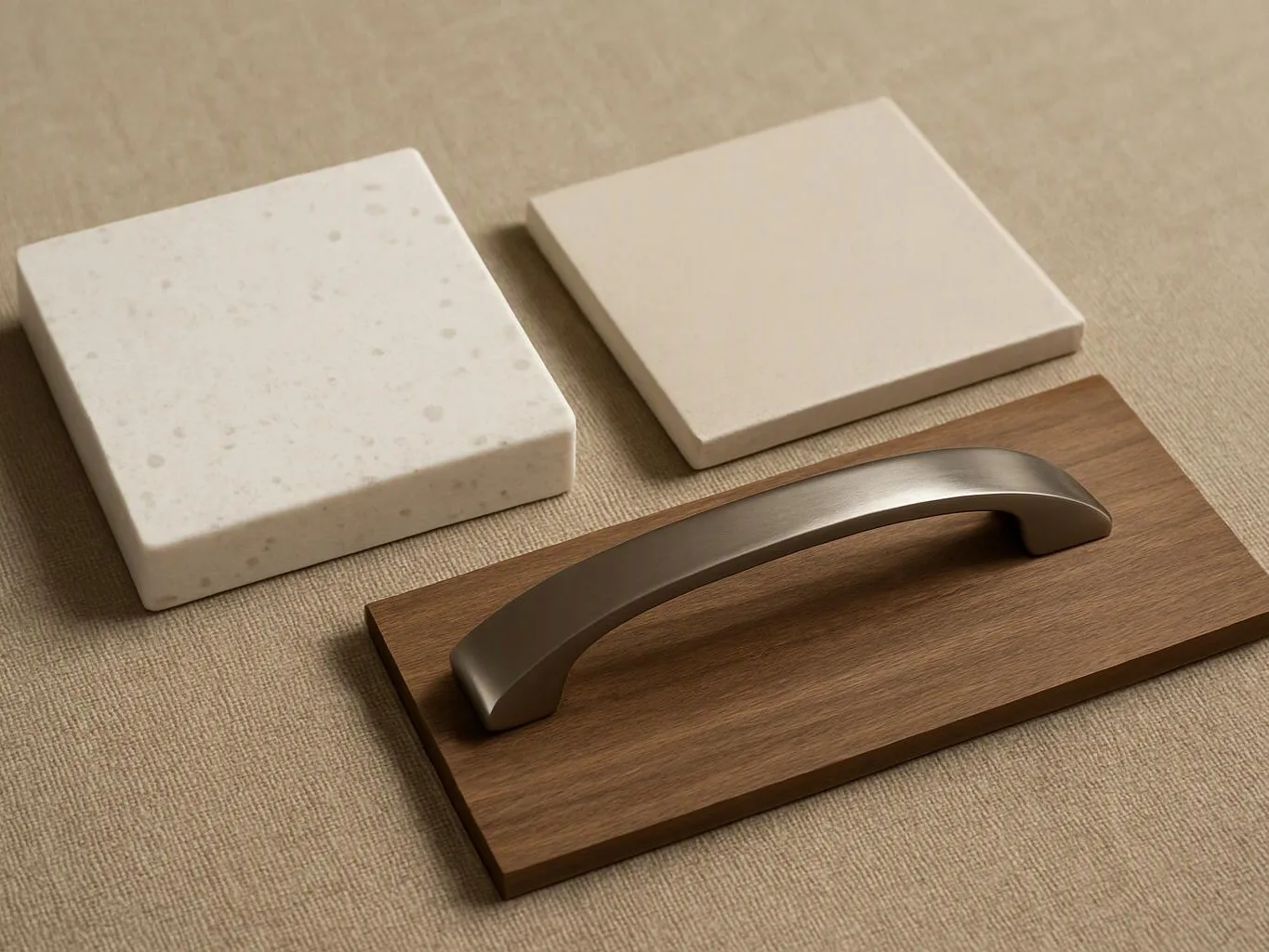 Three material samples rest on beige fabric, including two white tiles and a metal handle on wood