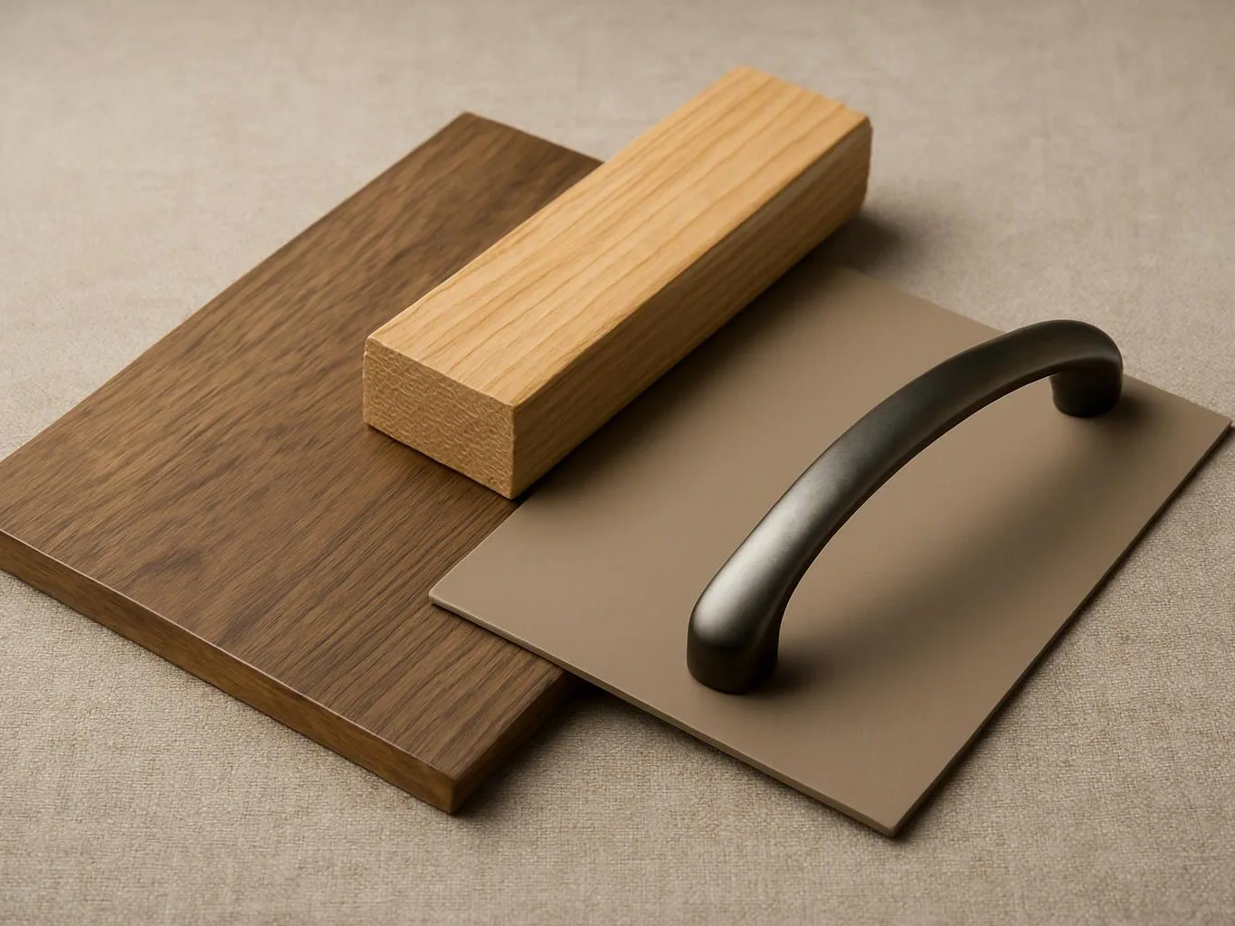 Three material samples, wood, bamboo, and a taupe panel with a black handle, rest on beige fabric