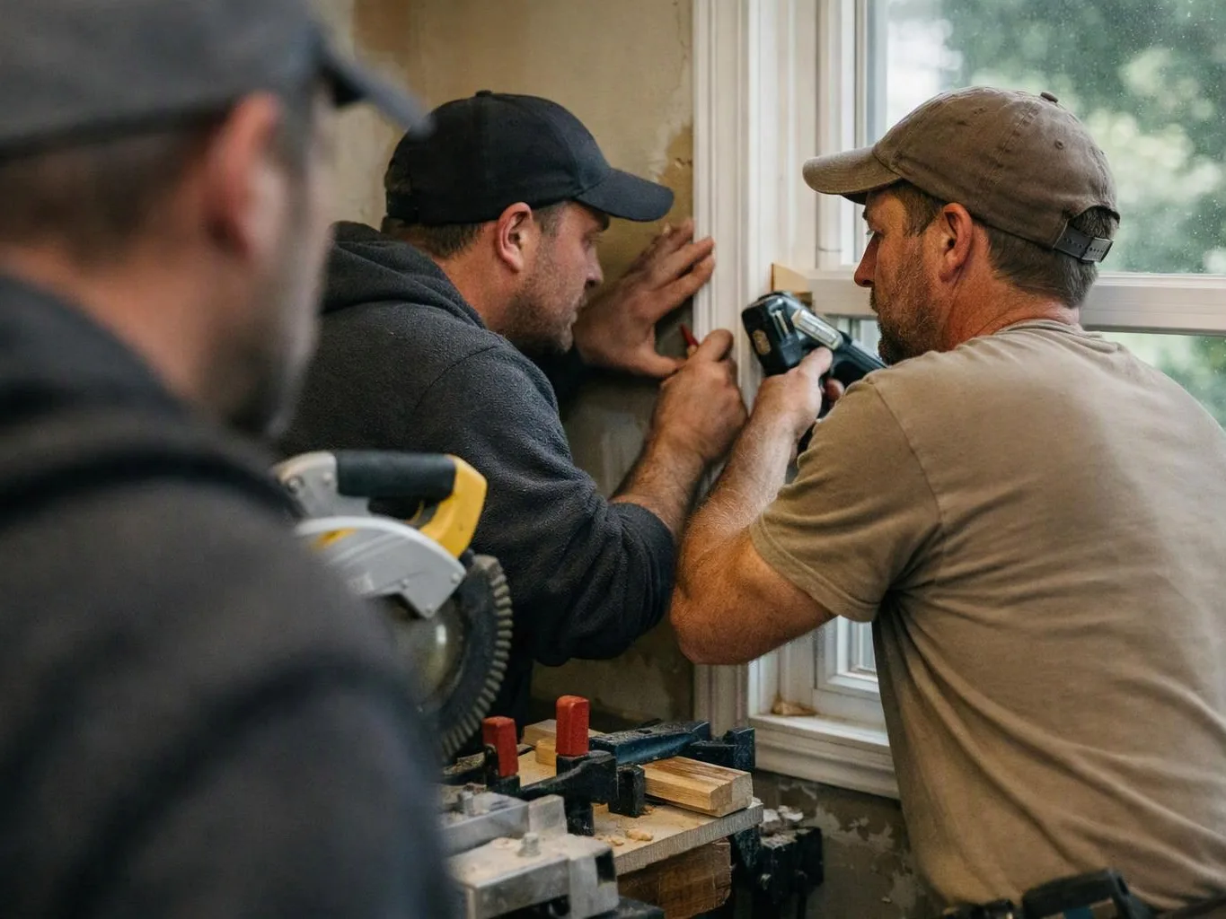 Three men work around a window frame, one drills while another steadies the trim and tools sit nearby