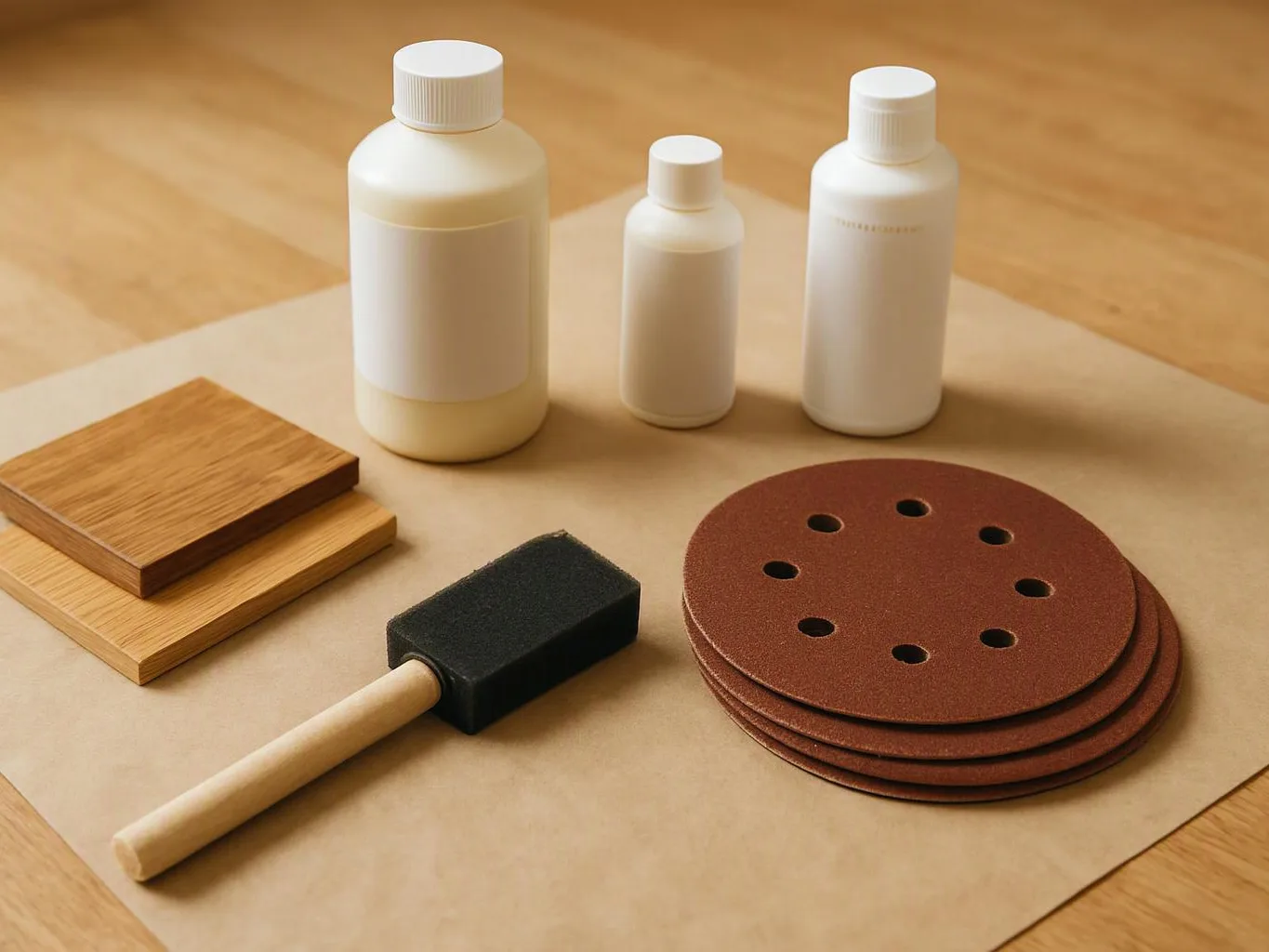 Three white bottles, wood samples, a foam brush, and stacked sanding discs sit on a tabletop