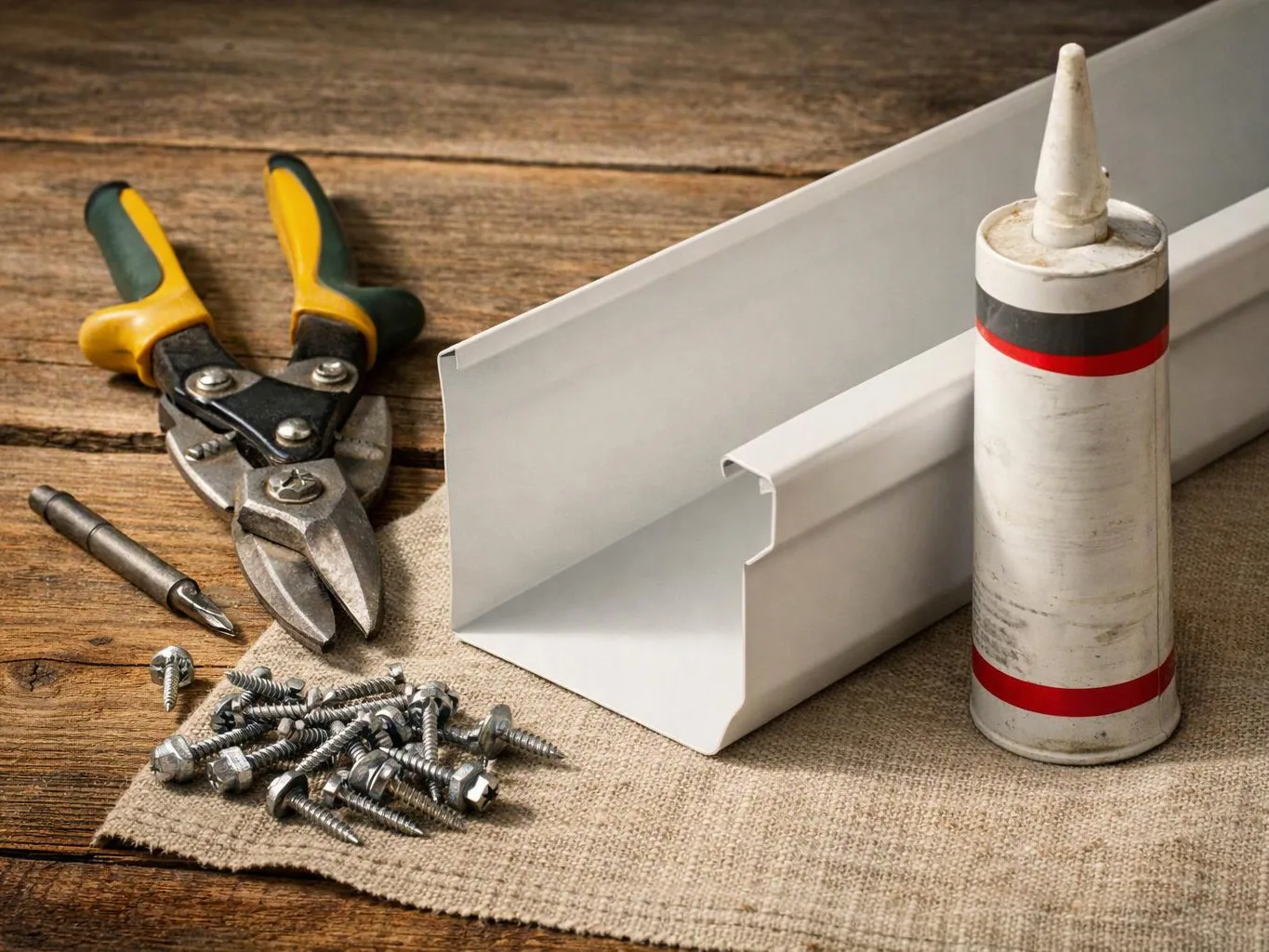 A tube of sealant sits beside metal flashing, snips, screws, and a drill bit on a wooden workbench