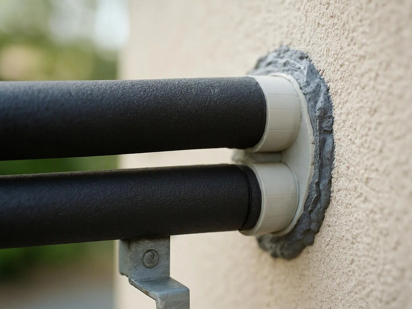 Two black insulated pipes run through a wall opening secured with white fittings and gray sealant