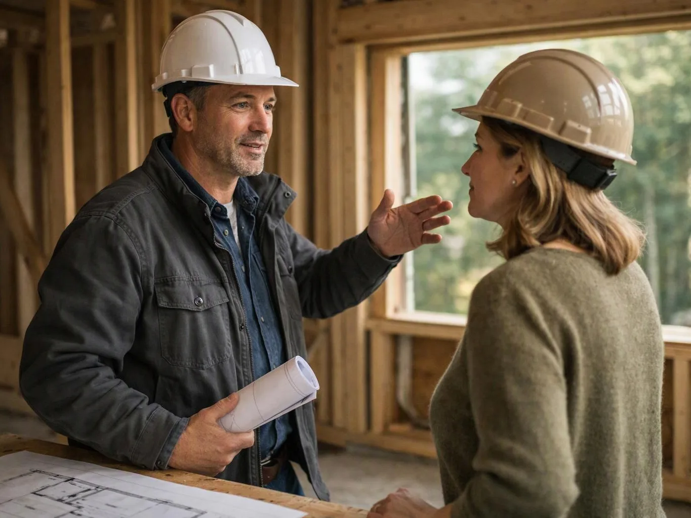 Two construction workers in hard hats talk inside a wooden building frame, one holding rolled plans