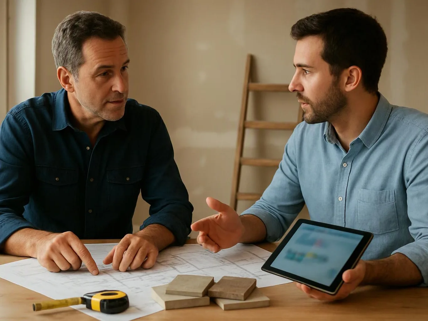 Two men discuss plans over drawings at a table, with a tablet, tape measure, and wood samples in front of them