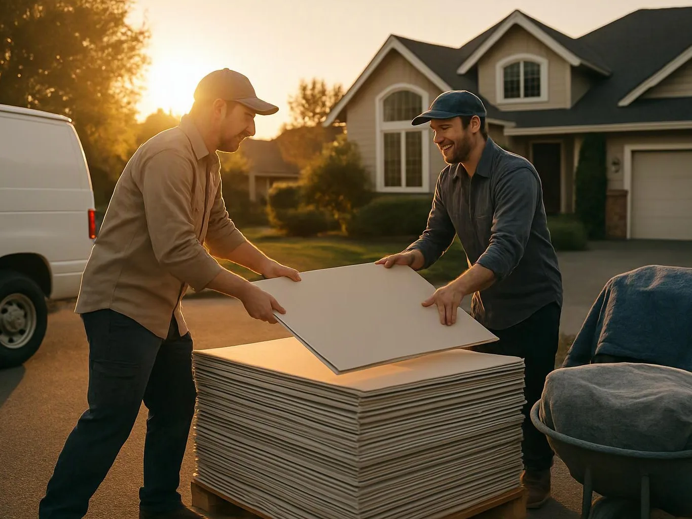 Two men place a large panel onto a stack of boards in a driveway at sunset