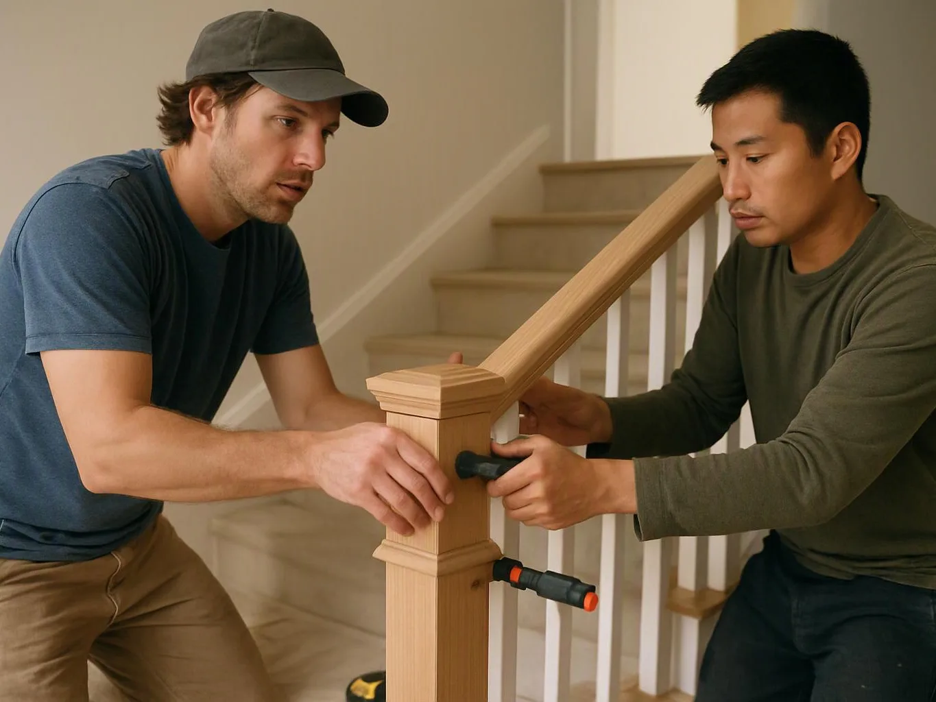Two men tighten a wooden stair railing with clamps in a bright indoor hallway