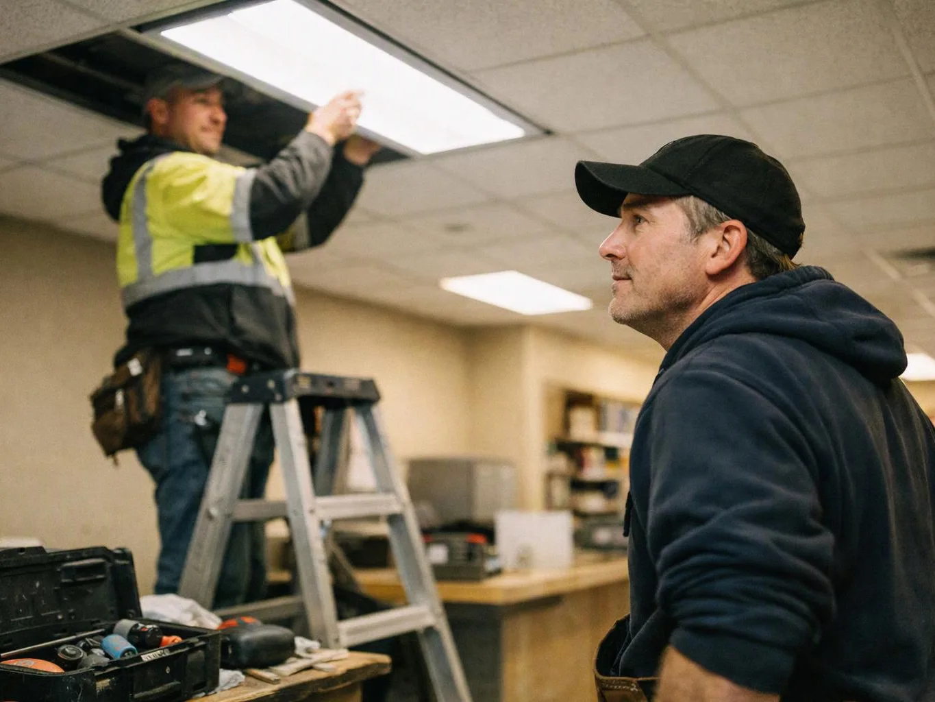 Two men work on a drop ceiling, one on a ladder fixing a light panel while the other watches