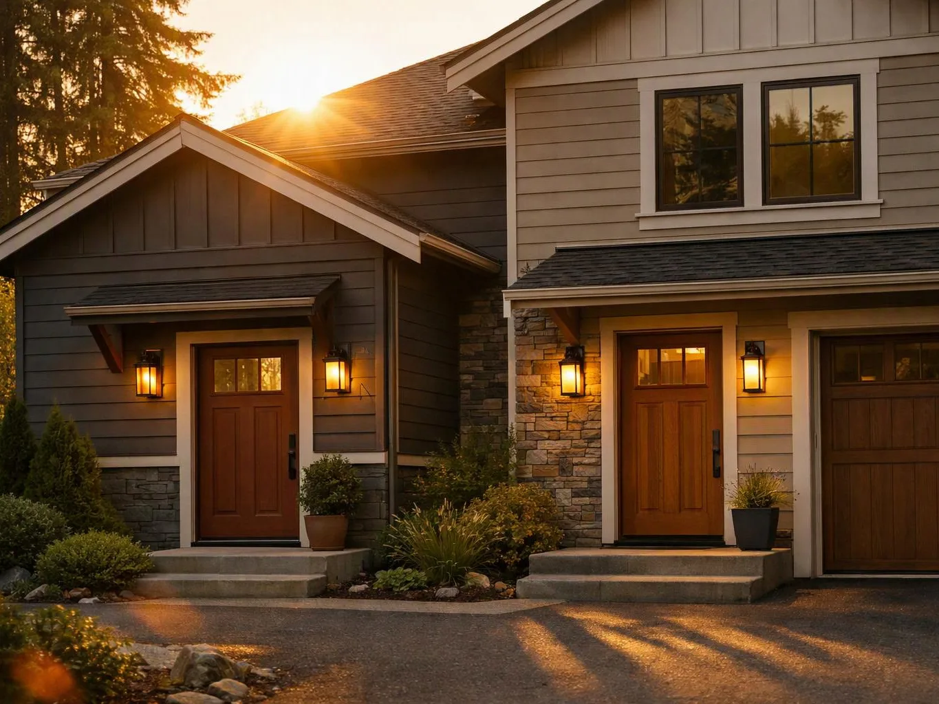 Two modern house entrances glow at sunset, with lanterns, potted plants, and stone siding by the driveway