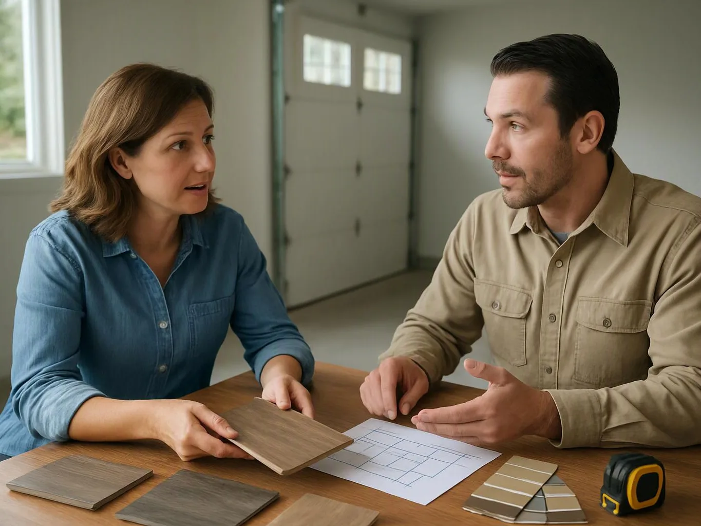 Two people sit at a table, reviewing wood samples and a floor plan inside a bright garage