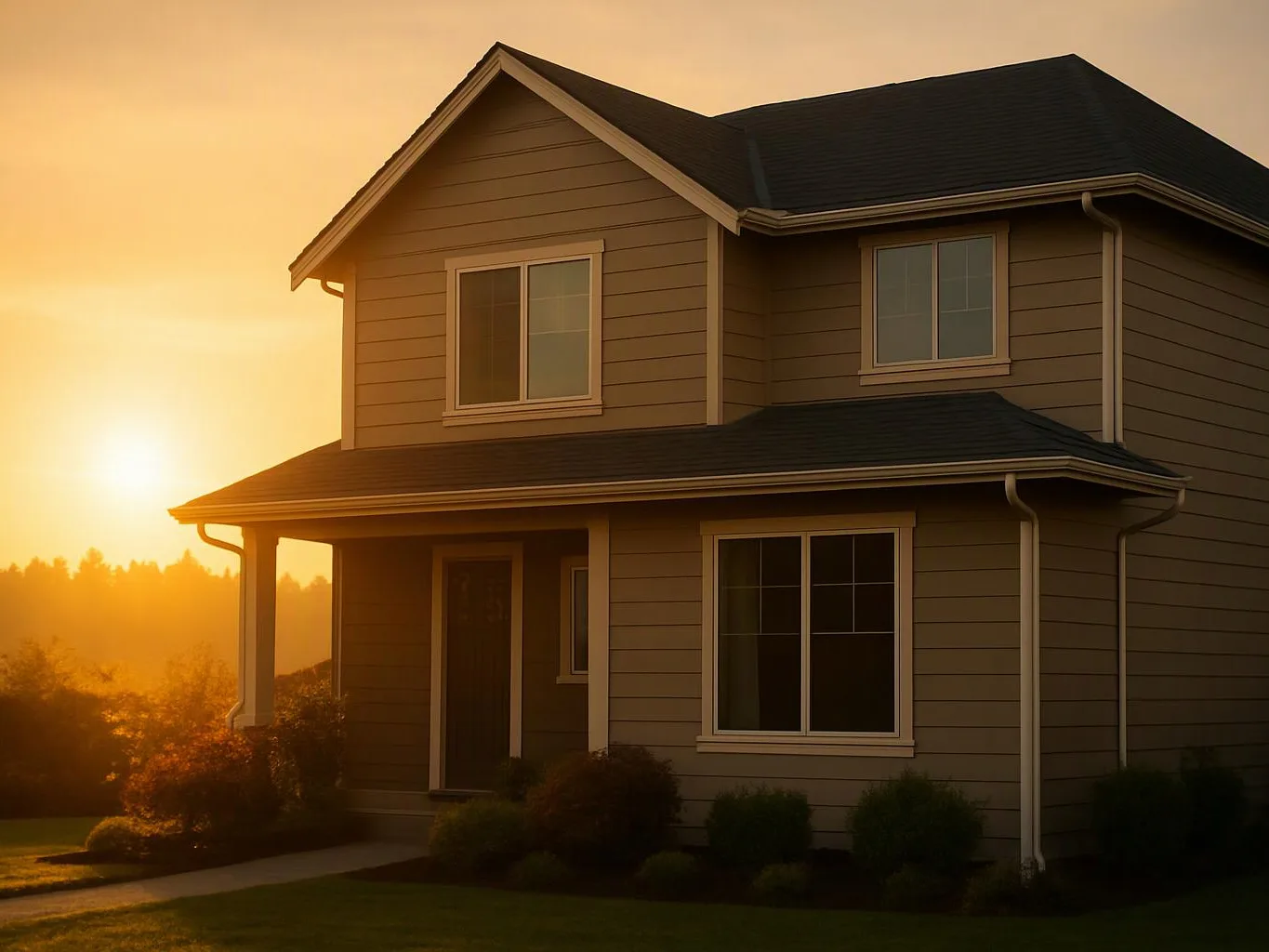 A two-story house with beige siding sits in warm sunset light beside a grassy yard