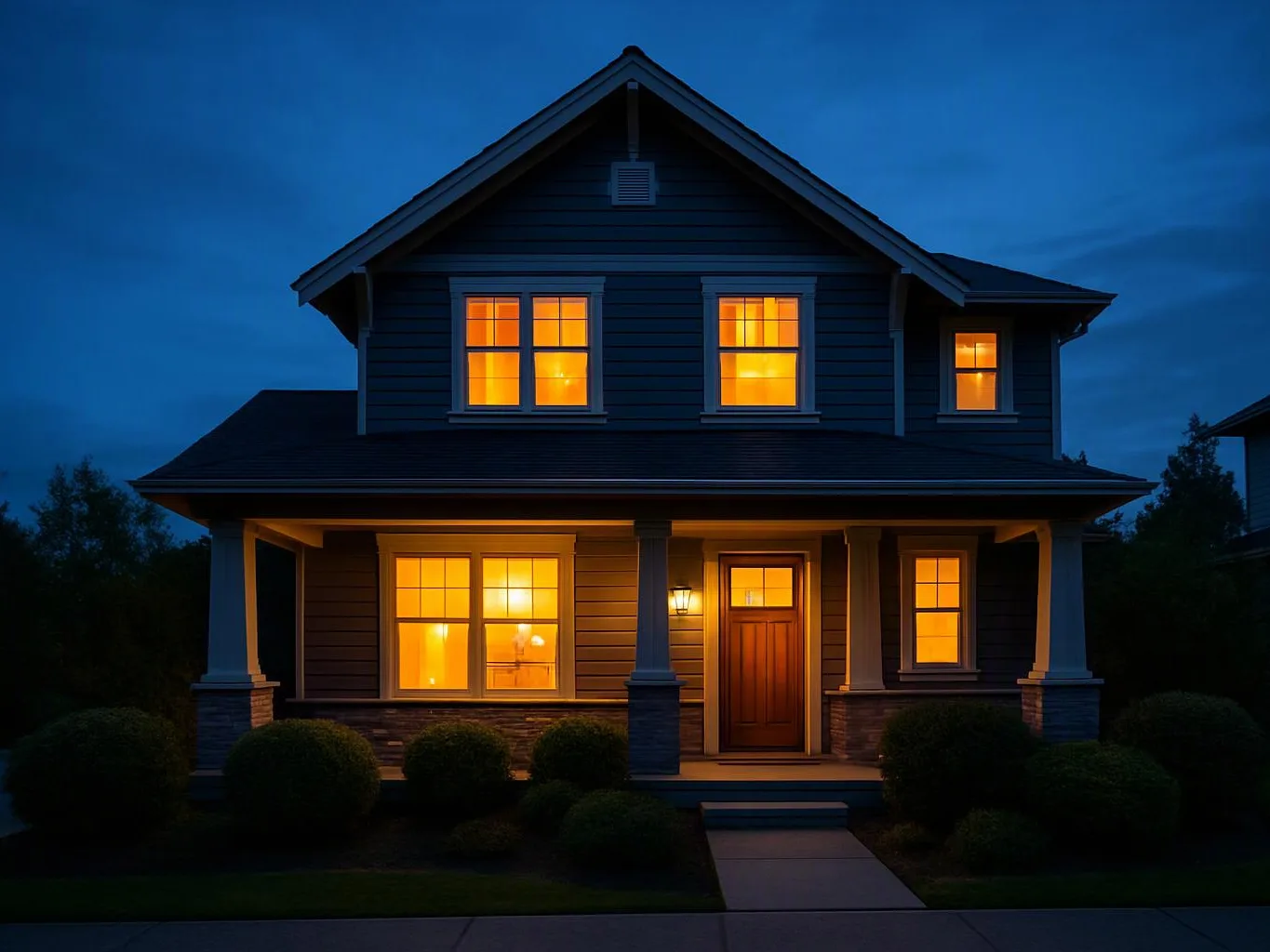 A two-story house glows at dusk, with lit windows, a front porch, and a walkway leading to the door