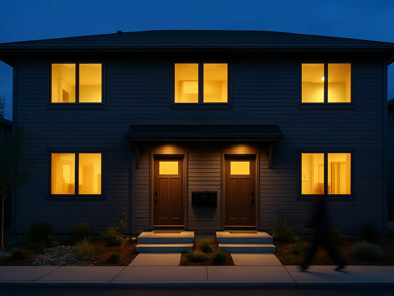 A two-story house glows at dusk, with lit windows, twin front doors, and a blurred person walking past