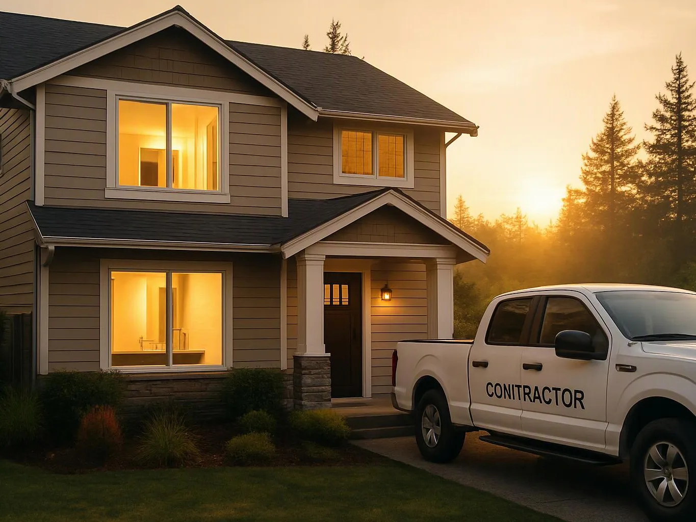 A two-story house glows at sunset with a white contractor pickup parked in the driveway