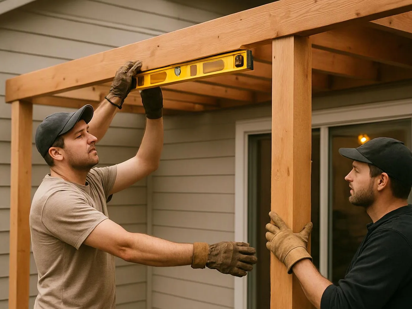 Two workers align a wooden pergola frame on a house patio using a yellow level