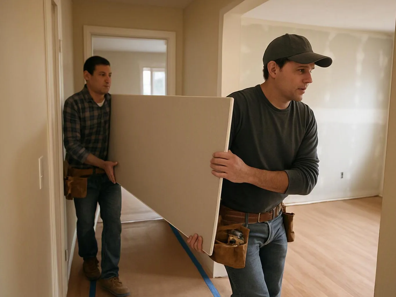 Two workers carry a large white panel through a bare room with wood floors and taped floor lines