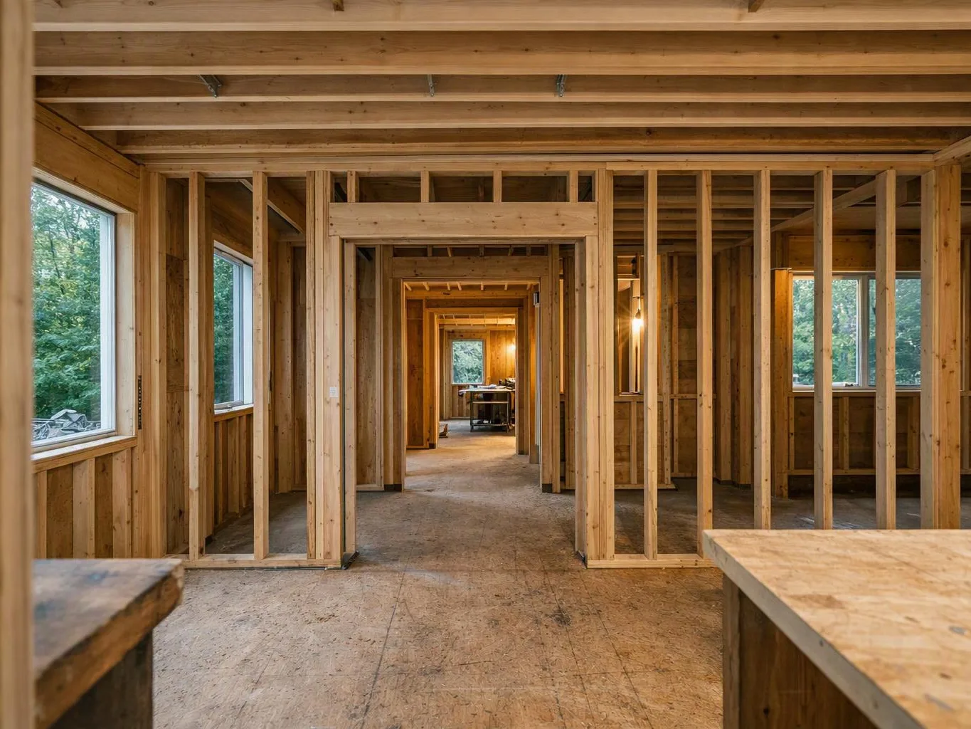Unfinished wooden house framing forms a long hallway with windows and a worktable at the far end