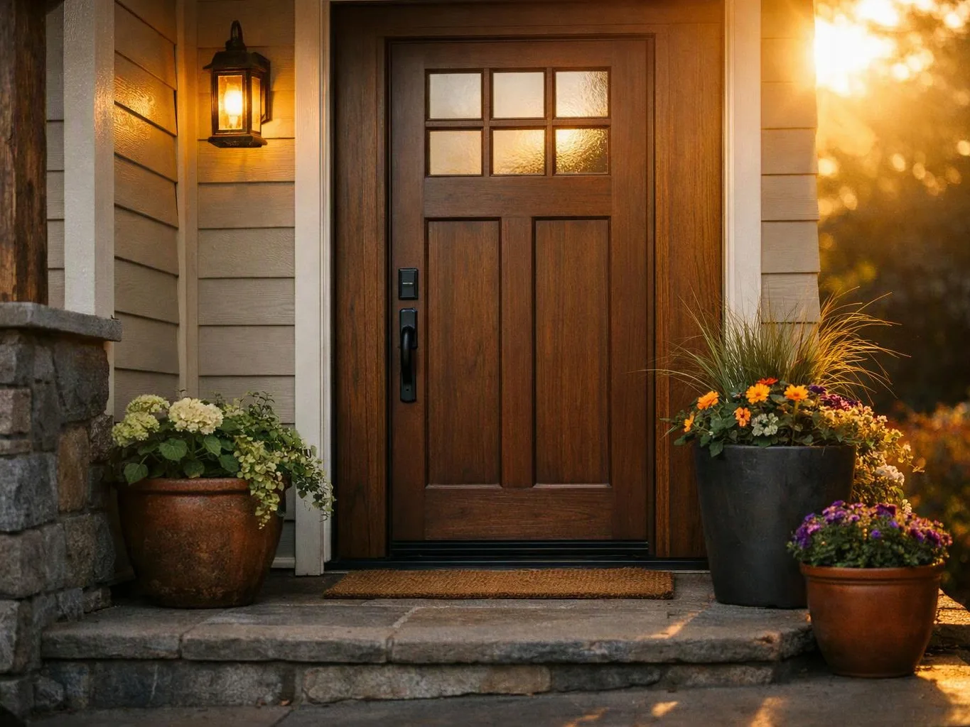Warm sunset light hits a wooden front door framed by potted flowers and a porch lantern