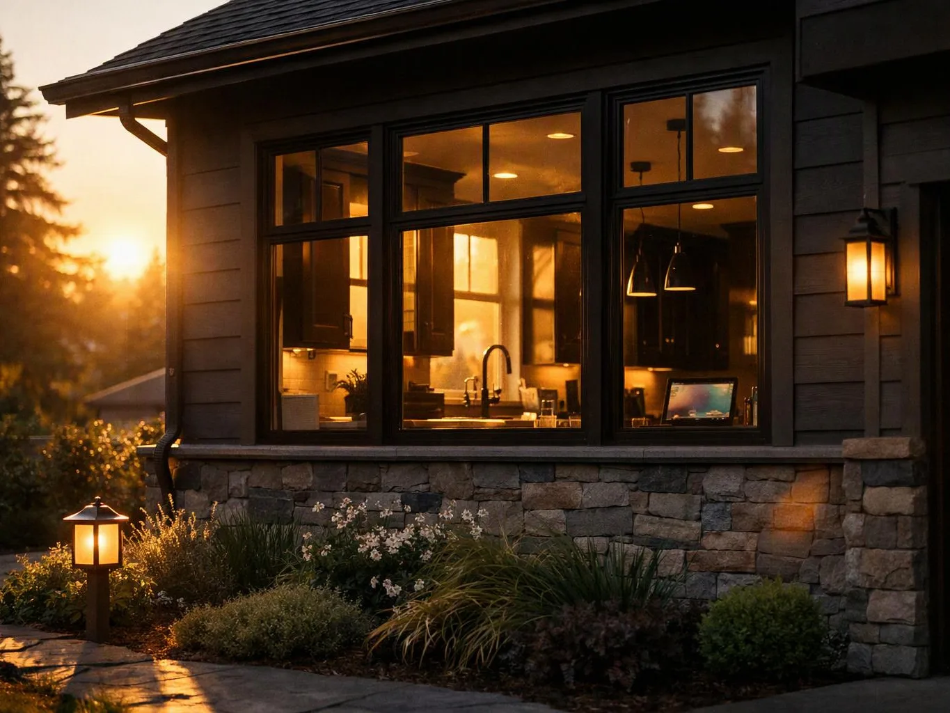 Warm sunset light shines through a modern house window, with a stone wall and garden lanterns outside