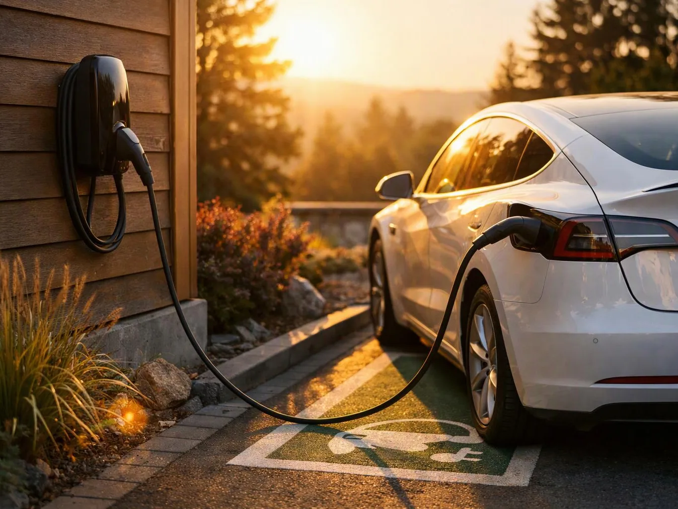 A white electric car charges beside a house wall at sunset in a marked parking spot