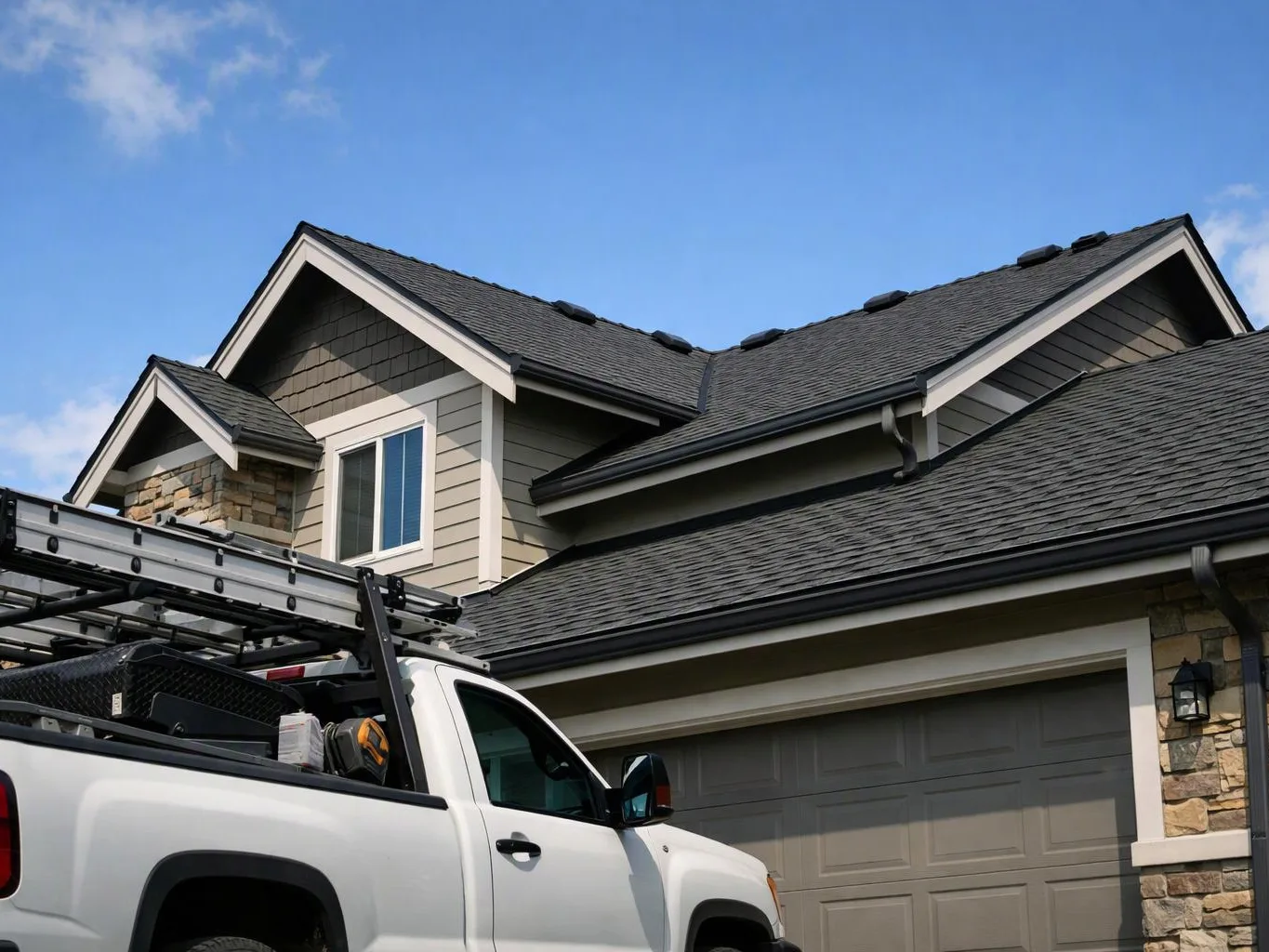 A white pickup truck with a ladder rack is parked in front of a two-story house with a gray garage under a blue sky