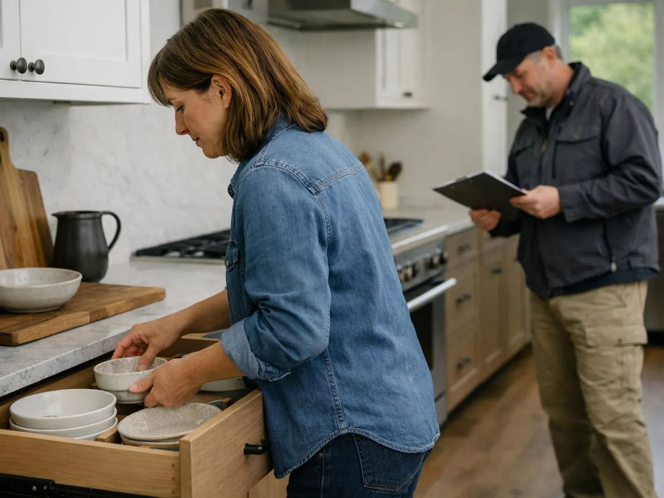A woman arranges dishes in a kitchen drawer while a man checks a clipboard in the background