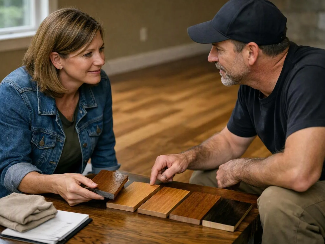 A woman and man crouch over wood samples on a table in a bright room