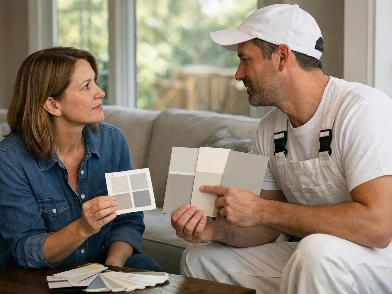 A woman and a man in work clothes compare paint color samples while sitting in a living room