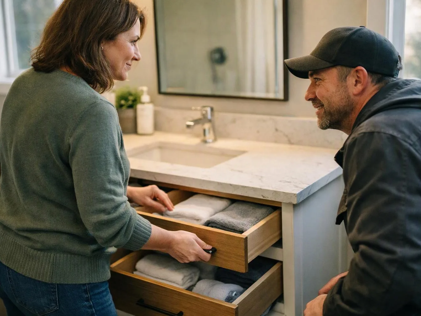 A woman opens a bathroom vanity drawer while a man watches beside the sink and mirror